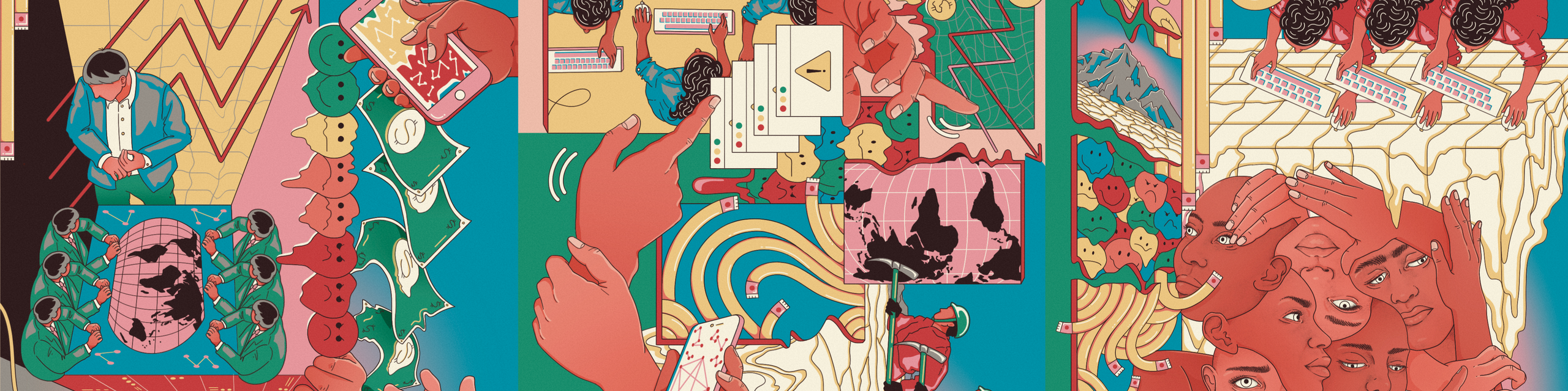 A brightly coloured mural which can be viewed in any direction. It has several scenes within it: people in front of computers seeming stressed, a number of faces overlaid over each other, squashed emojis, miners digging in front of a huge mountain representing mineral resources, a hand holding a lump of coal or carbon, hands manipulating stock charts and error messages, as well as some women performing tasks on computers, men in suits around a table, someone in a data centre, big hands controlling the scenes and holding a phone, people in a production line. Motifs such as network diagrams and melting emojis are placed throughout the busy vignettes.