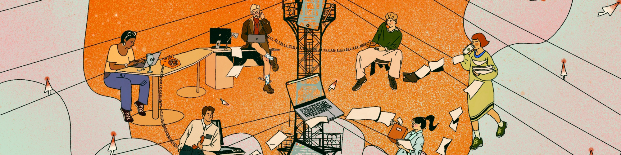 The undying sun hangs in the sky, as people gather around signal towers, working through their digital devices.